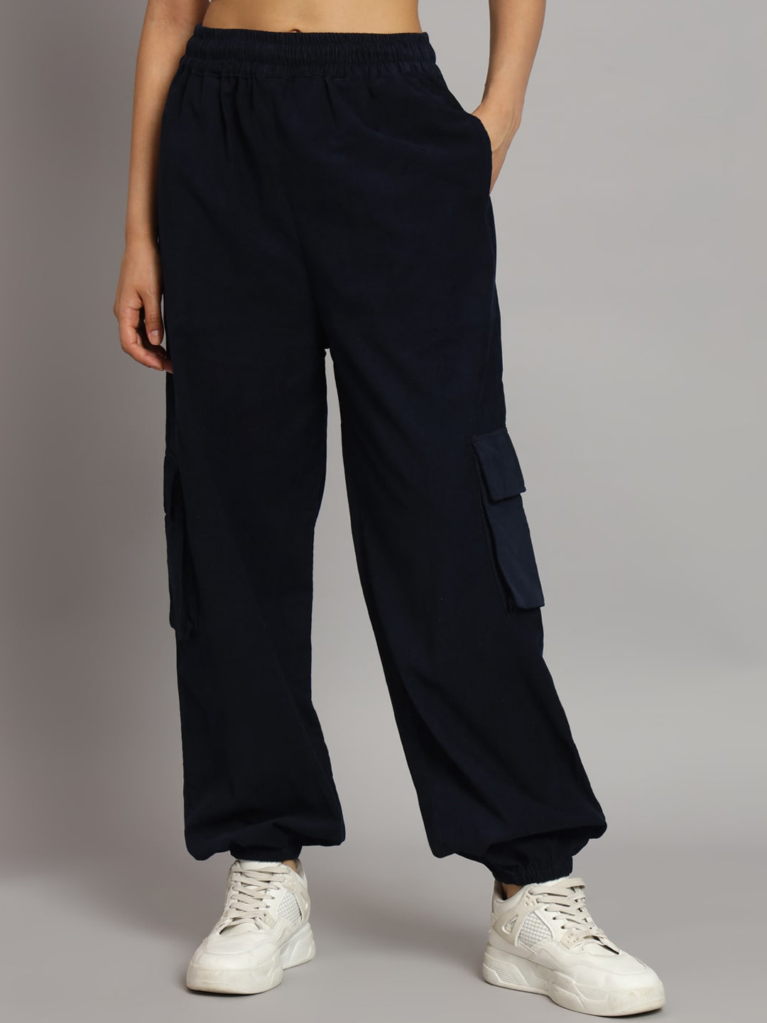 

BROOWL Women Navy Blue Relaxed High-Rise Wrinkle Free Corduroy Joggers Trousers
