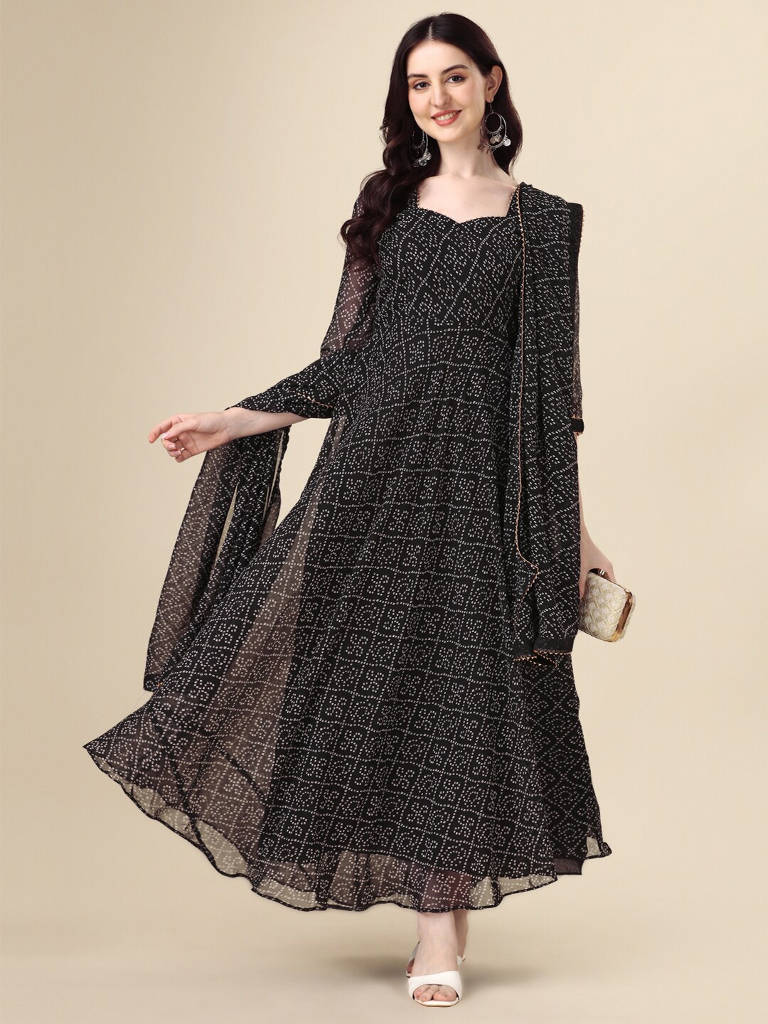 

N N ENTERPRISE Printed Fit & Flared Ethnic Dress With Dupatta, Black
