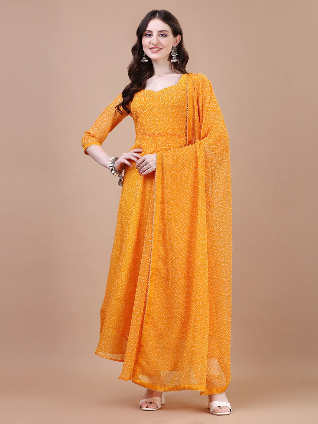 

N N ENTERPRISE Bandhani Printed Gotta Patti Georgette Anarkali Kurta, Yellow