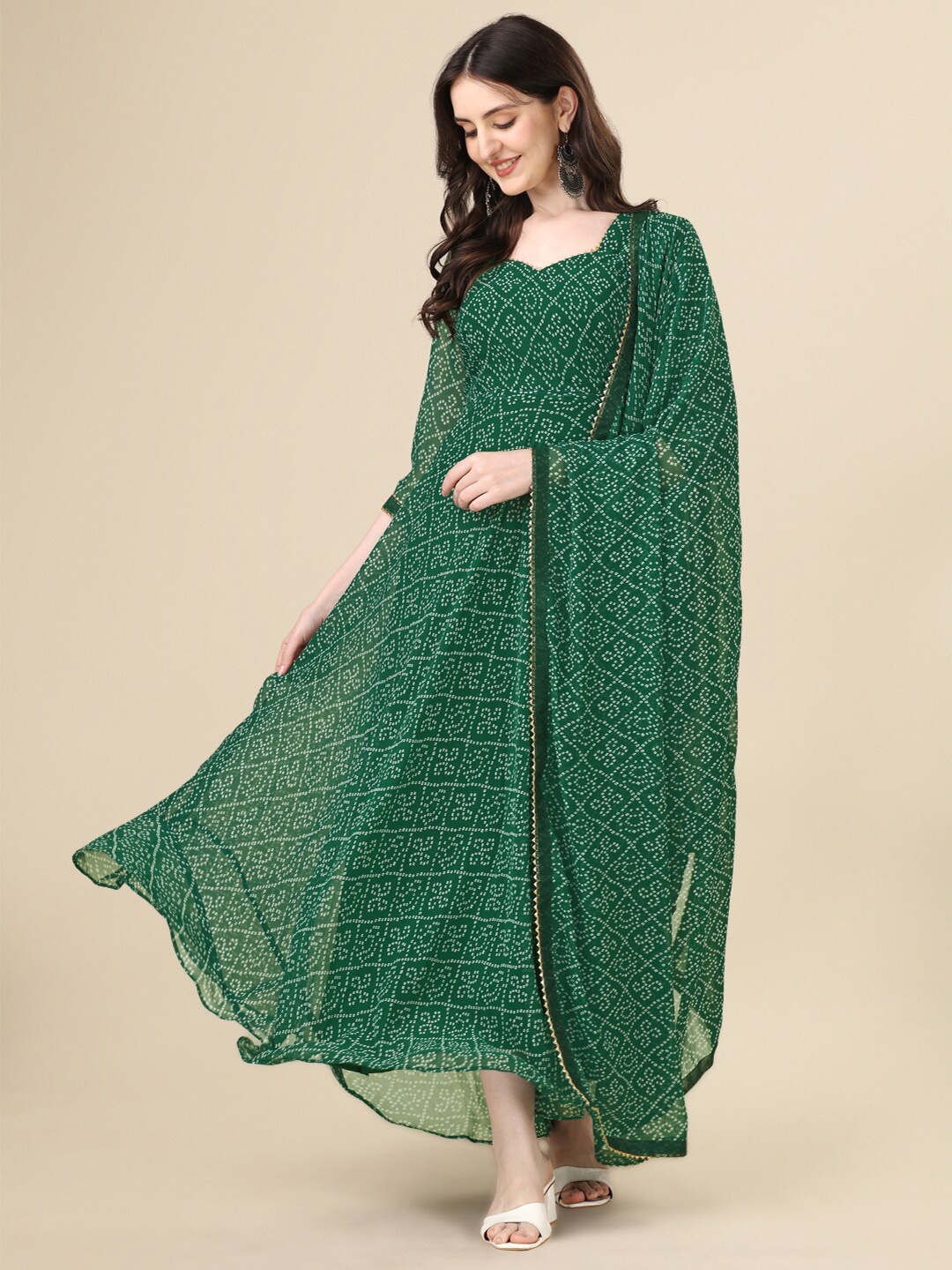 

N N ENTERPRISE Printed Fit & Flared Ethnic Dress With Dupatta, Green