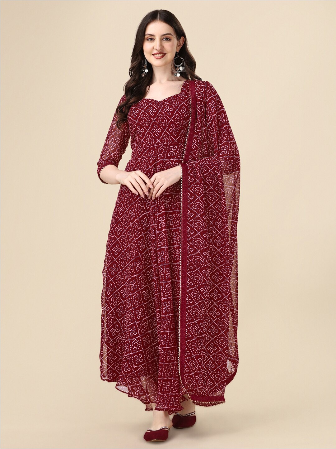

N N ENTERPRISE Printed Fit & Flared Ethnic Dress With Dupatta, Maroon