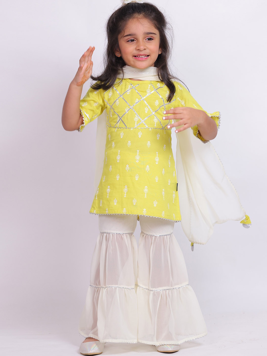 

Little Carrot Girls Ethnic Motifs Printed Gotta Patti Kurti With Sharara & Dupatta, Lime green