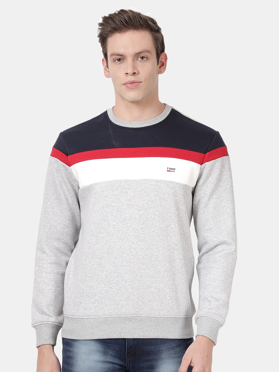 

t-base Colourblocked Long Sleeves Pullover, Grey melange