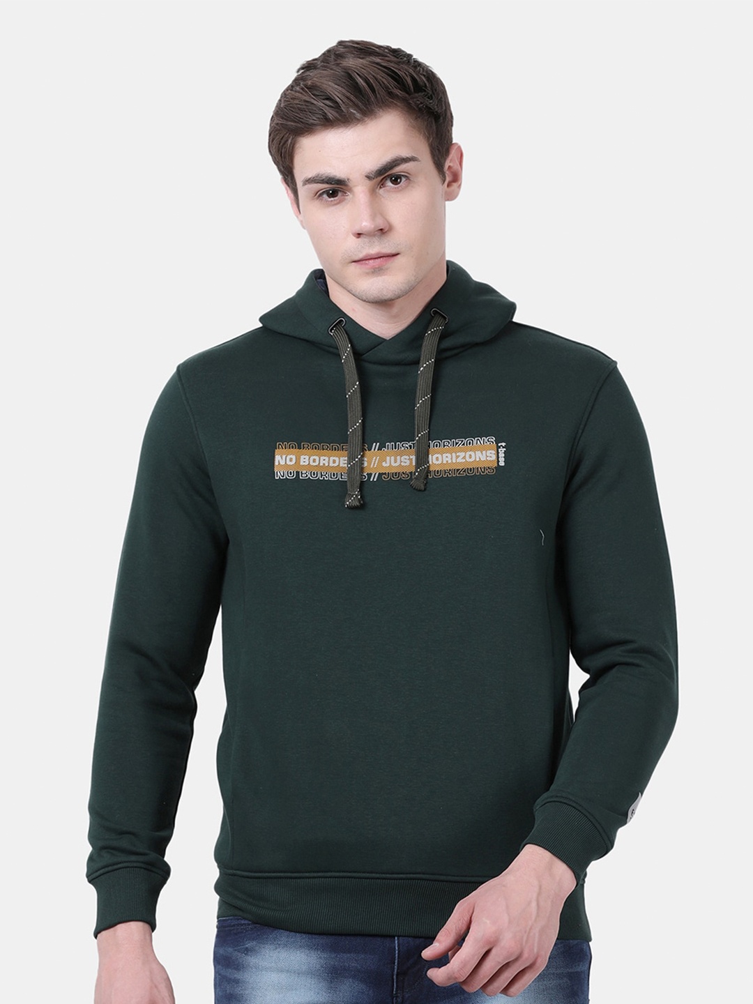 

t-base Typography Printed Hooded Neck Long Sleeve Pullover Sweatshirt, Green