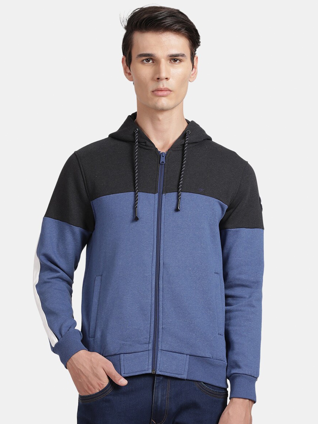 

t-base Colourblocked Hooded Front-Open Sweatshirt, Black