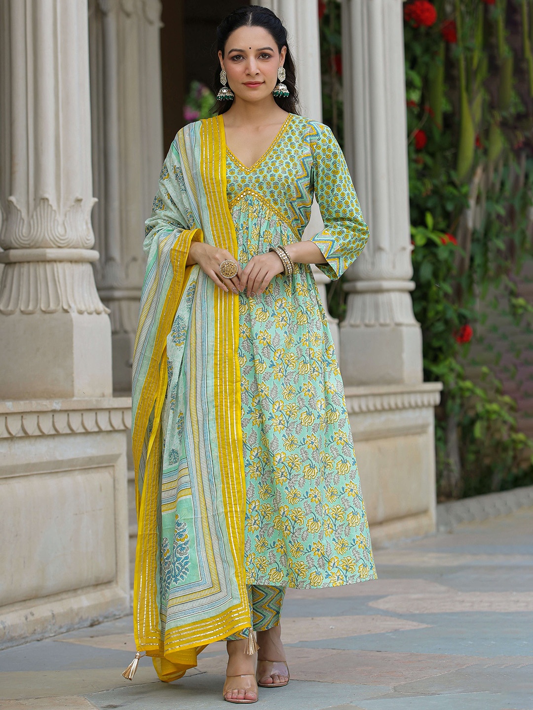 

Rangeelo Ethnic Motifs Printed Sequinned Pure Cotton Empire Kurta With Palazzos & Dupatta, Green