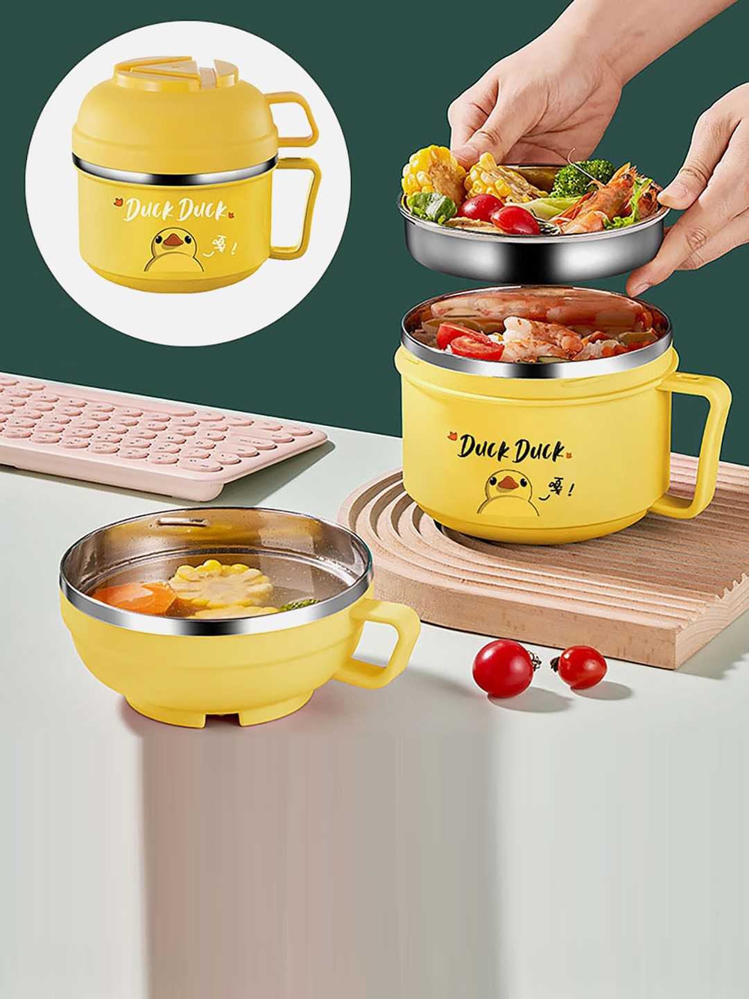 

Little Surprise Box LLP Yellow Duck Printed Stainless Steel Lunch Box With Handle
