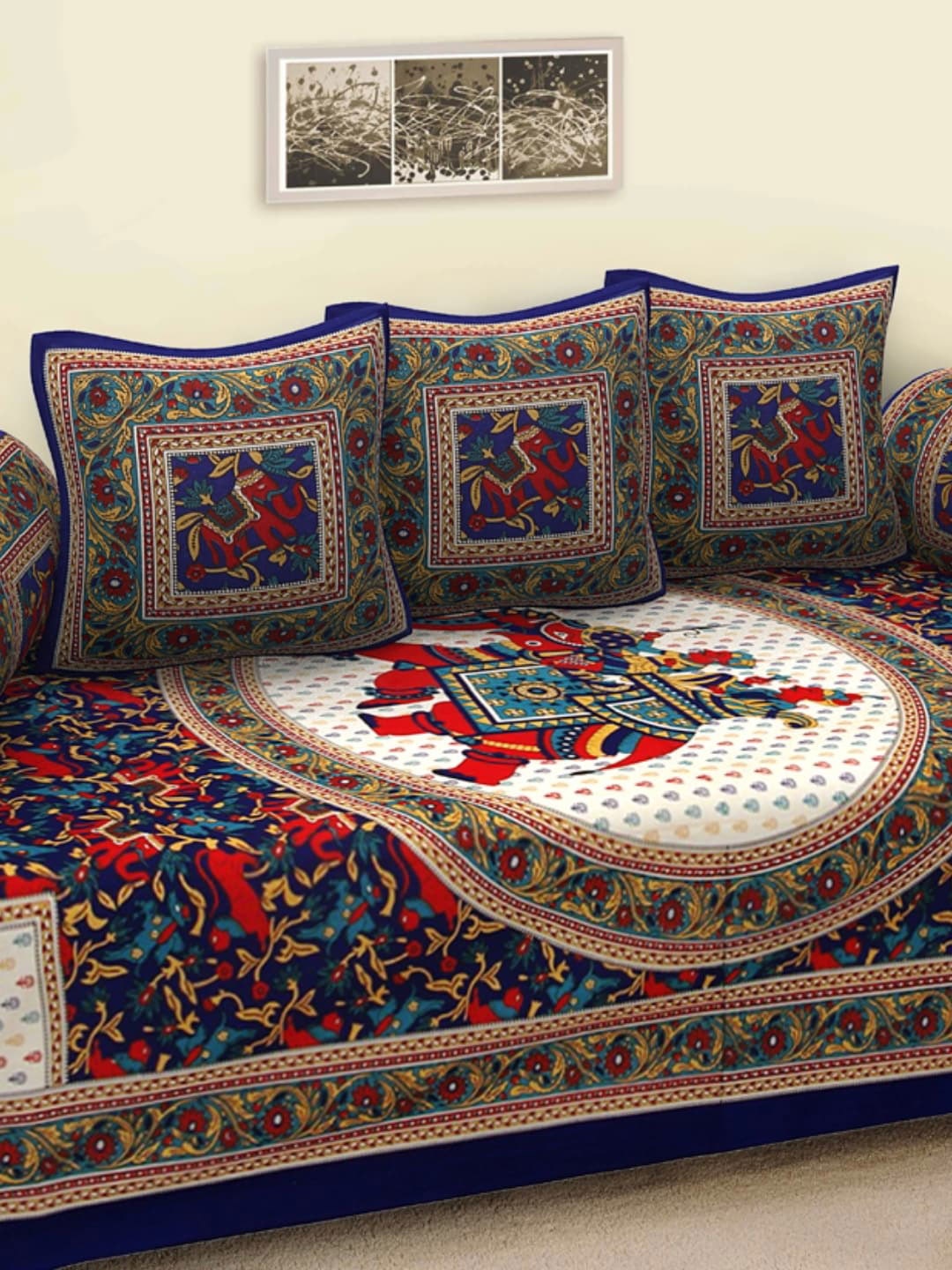 

Rajasthanikart Blue & Red 6 Pieces Printed Pure Cotton Diwan Set