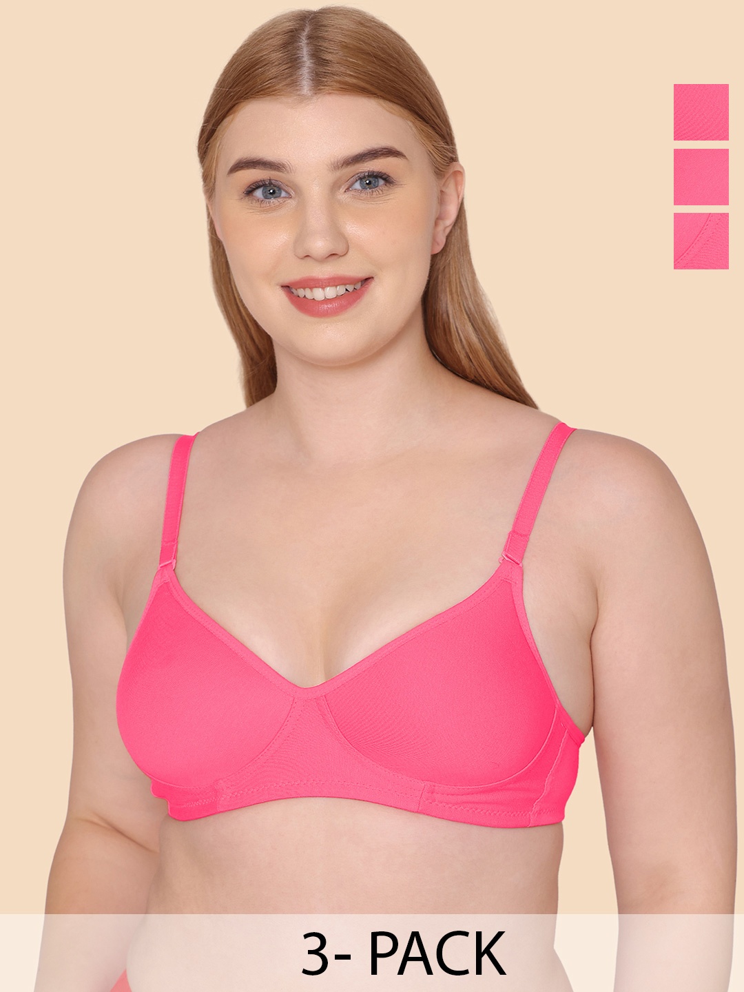 

KOMLI Pack of 3 Lightly Padded Cotton Rich Full Coverage Bra, Pink