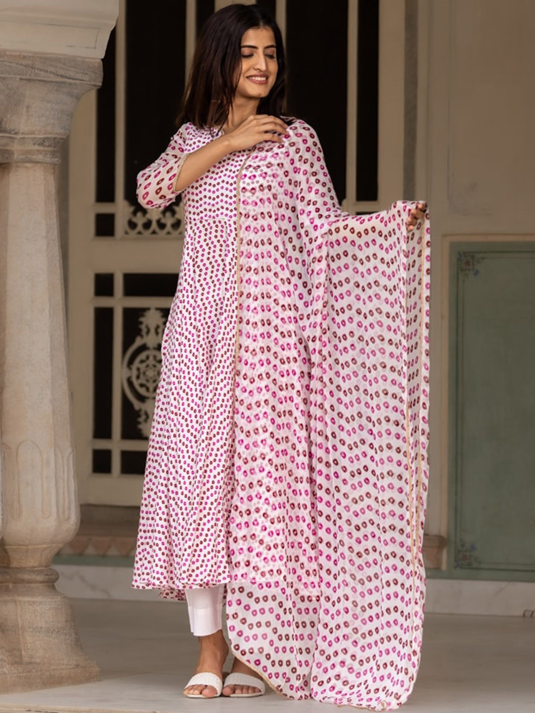 

Ambraee Bandhani Printed Anarkali Kurta with Trousers & With Dupatta, White