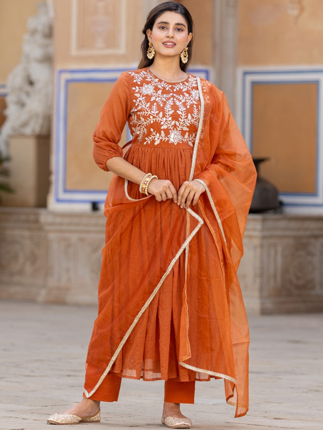 

Ambraee Yoke Design Angrakha Gotta Patti Kurta with Trousers & With Dupatta, Rust