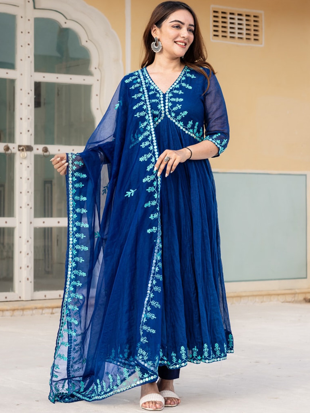 Ambraee Floral Embroidered V-Neck Angrakha Kurta & Trouser With Dupatta, Blue