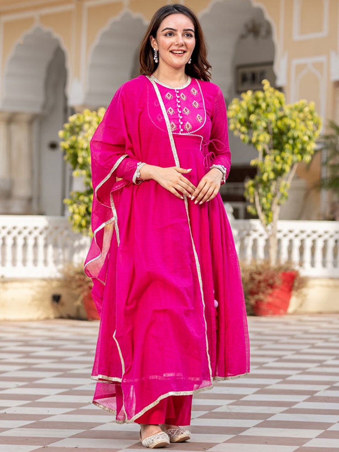 

Ambraee Yoke Design Angrakha Thread Work Kurta with Trousers & With Dupatta, Pink