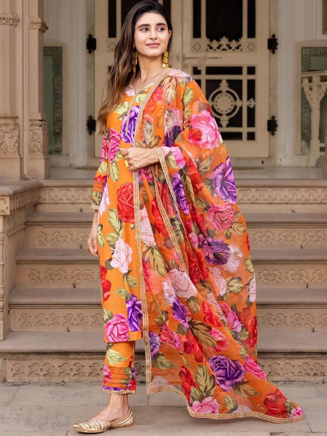 

Ambraee Floral Printed V-Neck Bell Sleeves Straight Kurta with Trousers & Dupatta, Peach