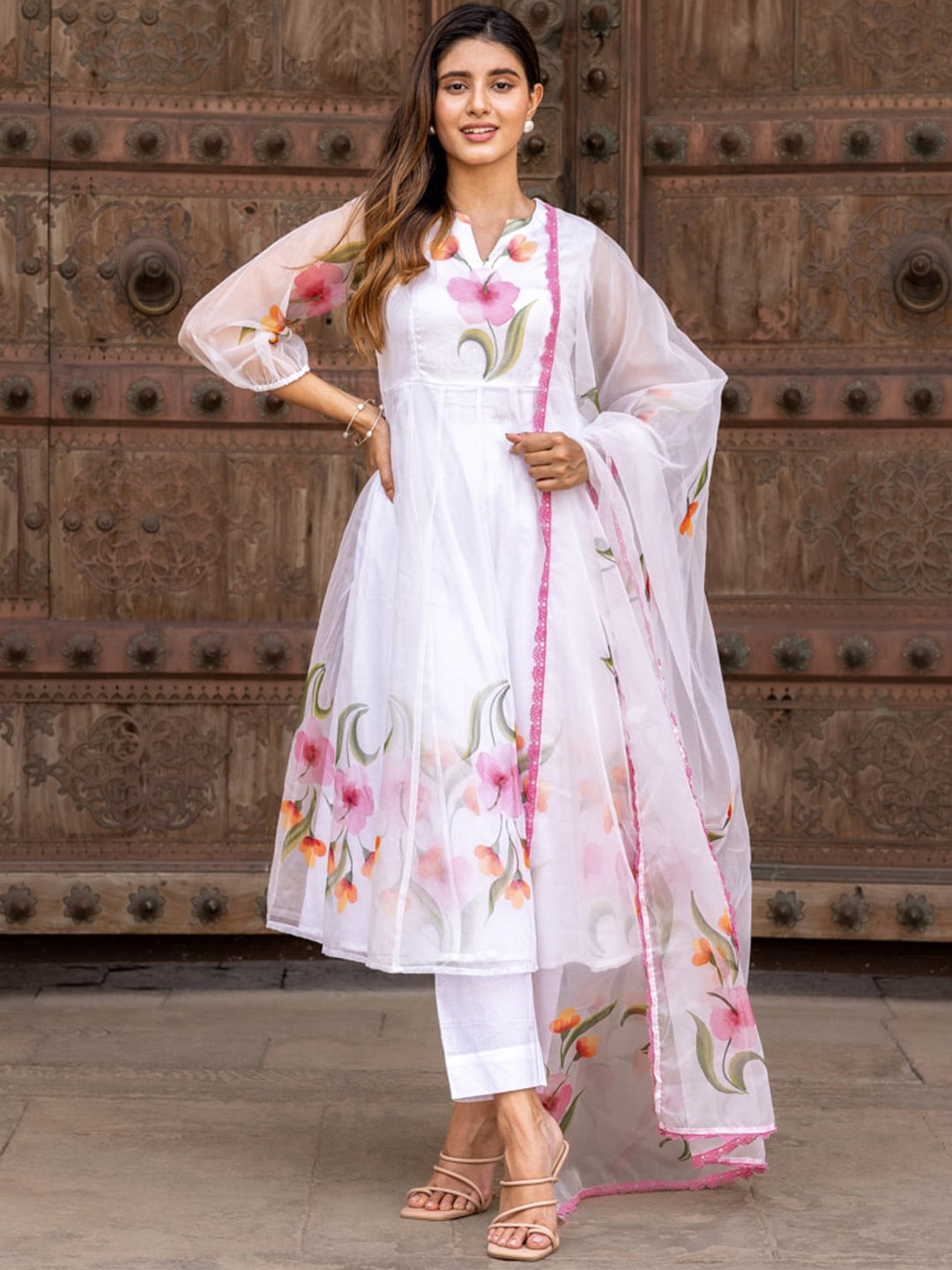 

Ambraee Floral Printed Puffed Sleeves Organza Anarkali Kurta with Trousers & Dupatta, White