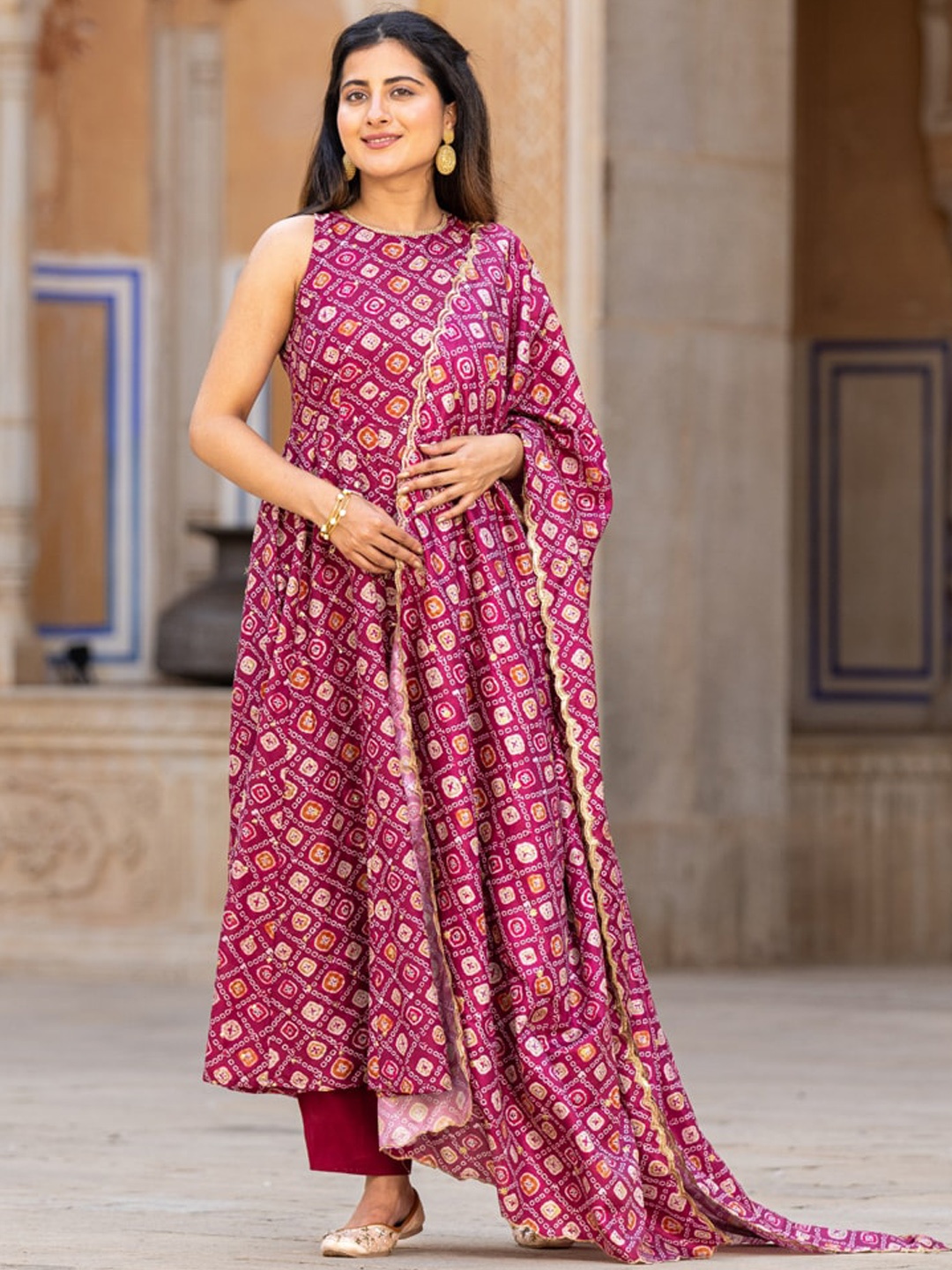 

Ambraee Bandhani Printed Anarkali Kurta with Trousers & With Dupatta, Maroon