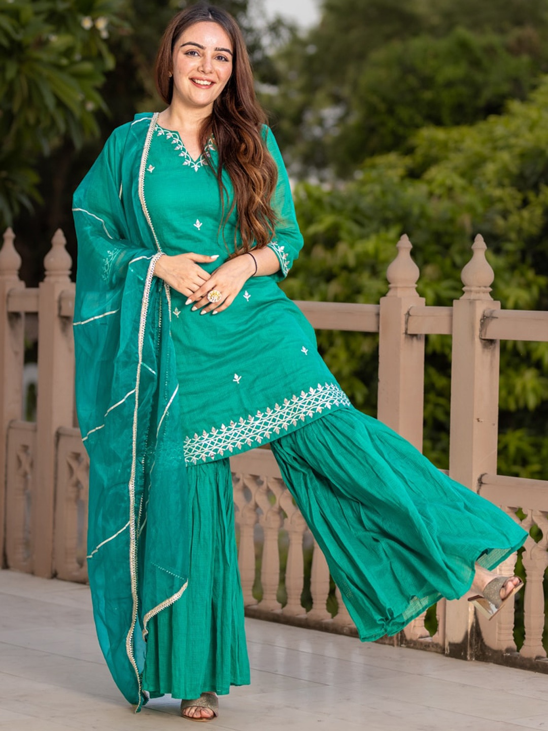 

Ambraee Ethnic Motifs Embroidered Mirror Work Kurta with Sharara & Dupatta, Teal