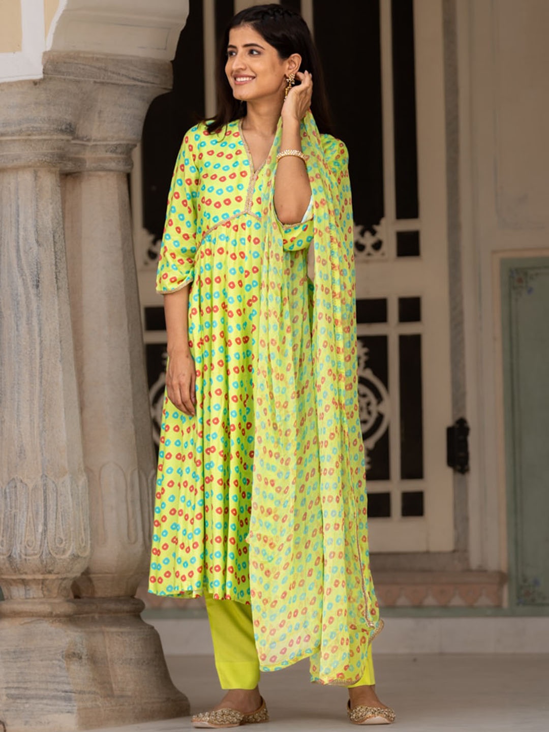 

Ambraee Bandhani Printed Anarkali Kurta with Trousers & Dupatta, Green