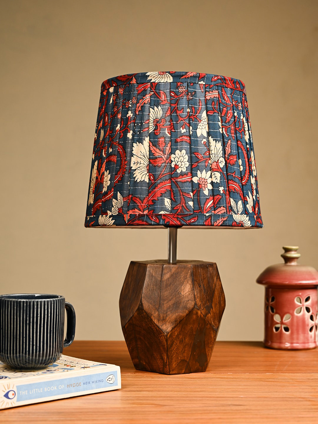 

green girgit Brown & Blue Floral Printed Pleated Frustum Shape Table Lamp