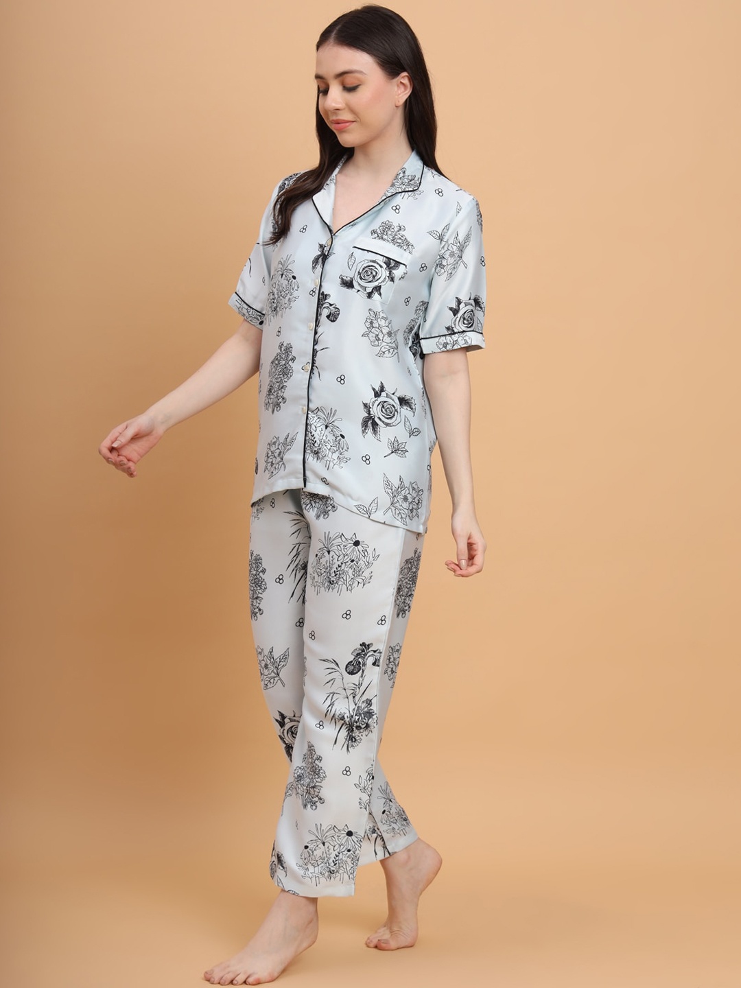 

SWAGG INDIA Floral Printed Satin Night Suit, White