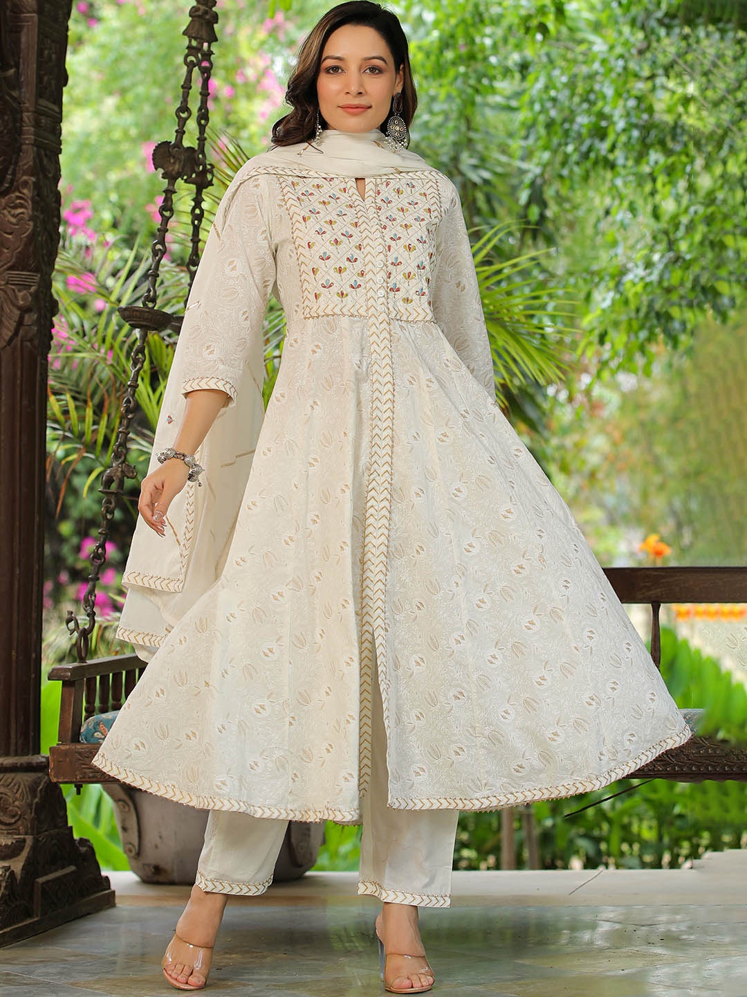 

Rangeelo Ethnic Motifs Embroidered Thread Work Pure Cotton Kurta With Palazzos & Dupatta, White