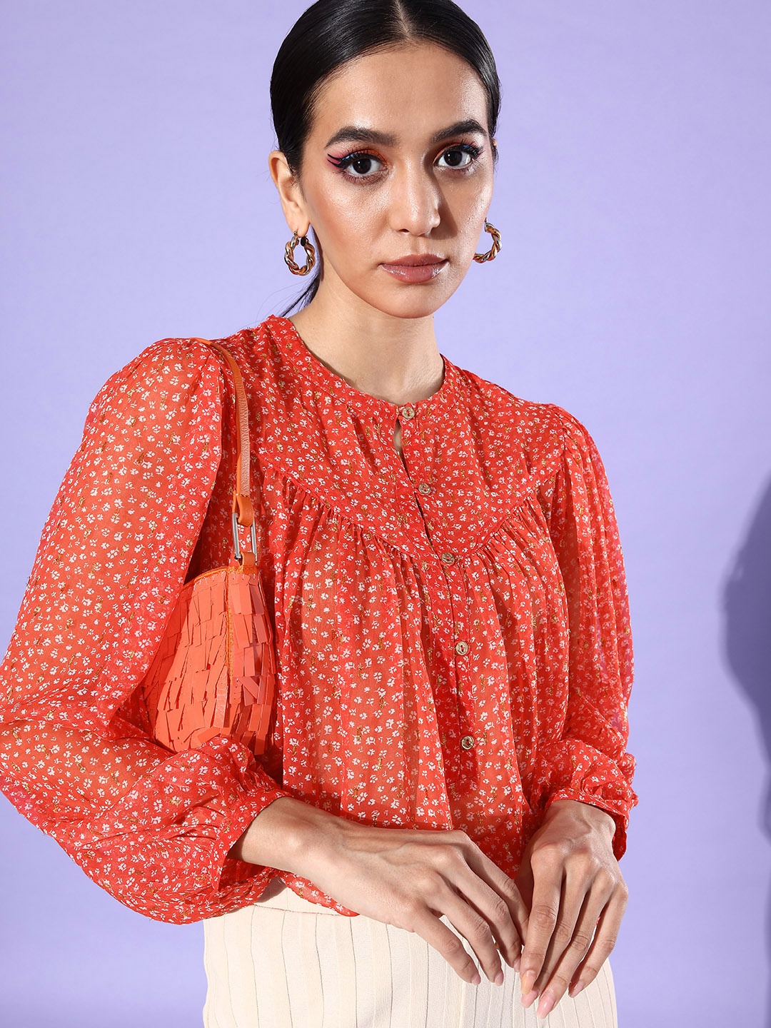 

ANI Floral Print Mandarin Collar Puff Sleeves Chiffon Blouson Longline Top, Red