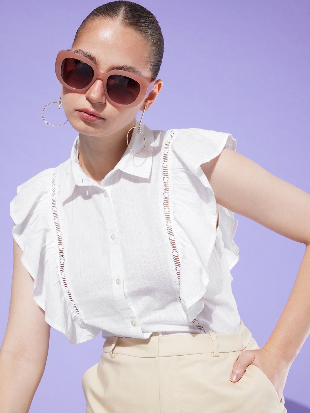EVERYDAY by ANI Flutter Sleeves Ruffles Cotton Top, White