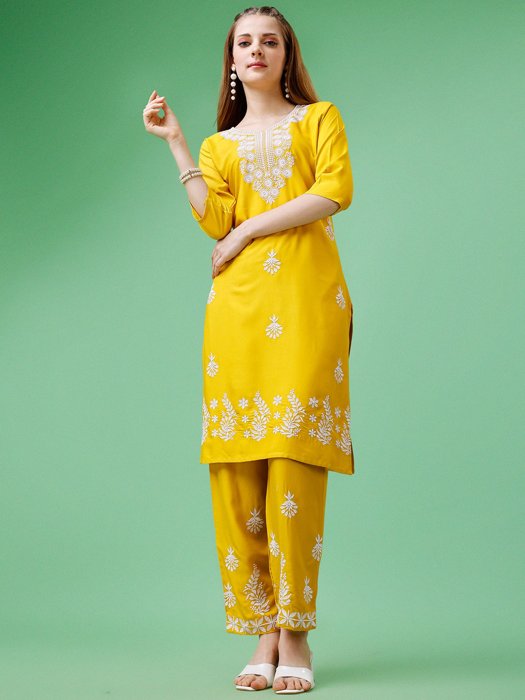 

Molly & Michel Floral Embroidered Thread Work Straight Kurta With Trousers, Yellow