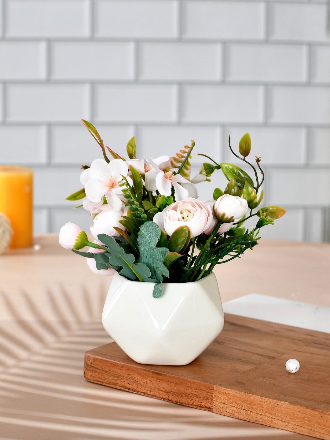 

TAYHAA White & Green Artificial Pristine Flowers With Ceramic Pot