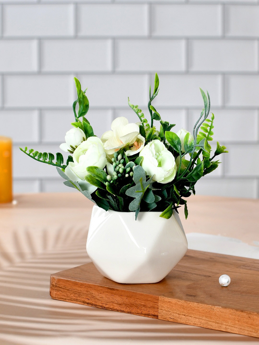 

TAYHAA Yellow & Green Rose Plant With Ceramic Pot, White