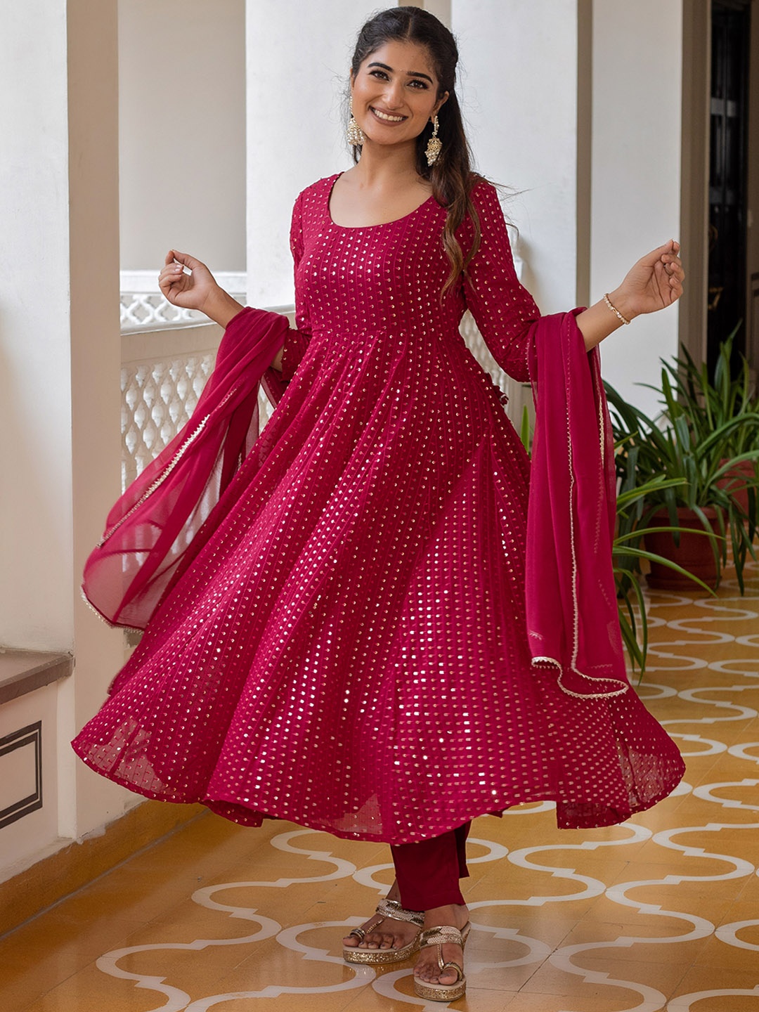 

KASYA Striped Embroidered Regular Sequinned Kurta With Trousers & Dupatta, Maroon