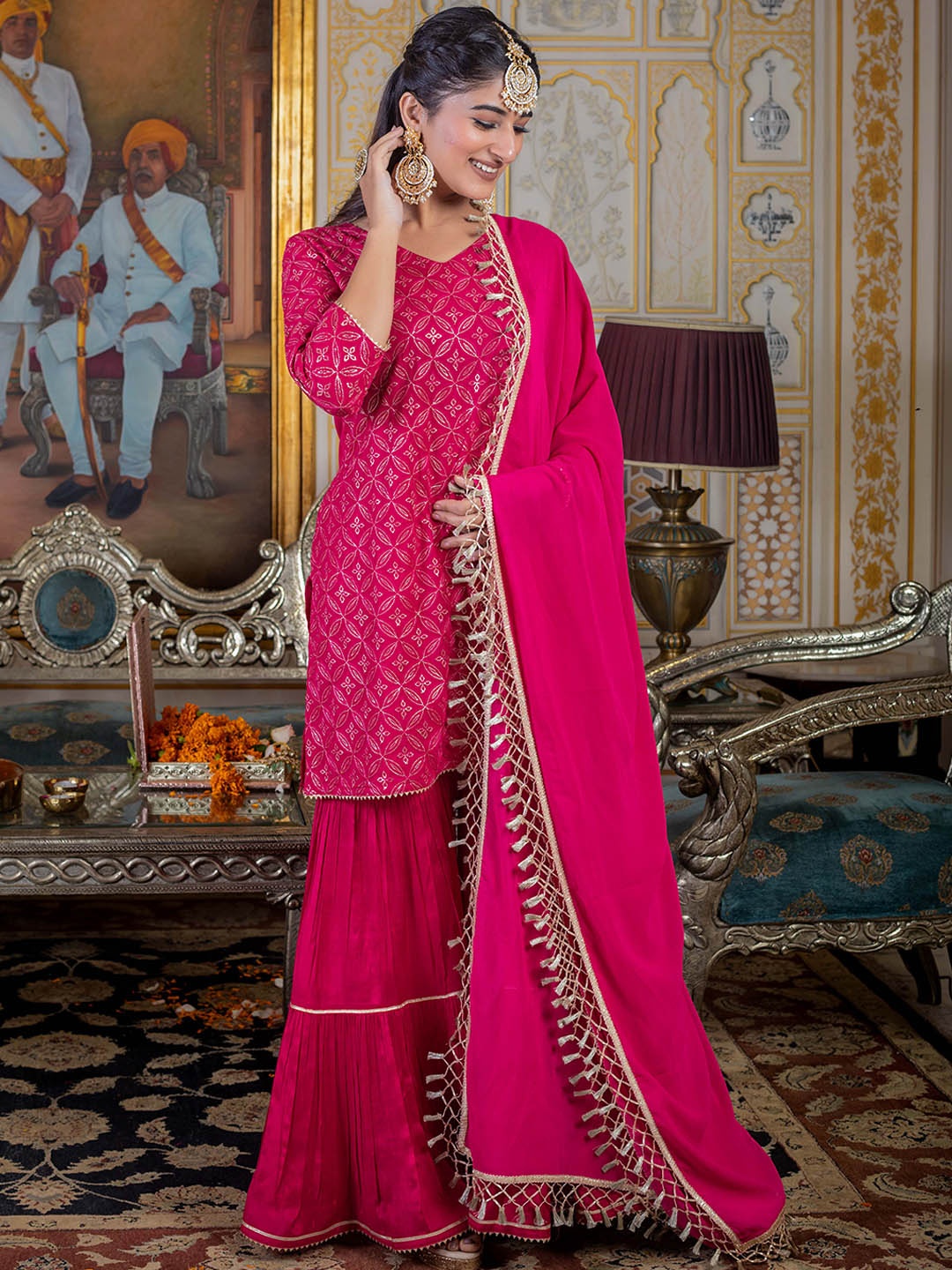 

KASYA Geometric Embroidered Gotta Patti Kurta With Sharara & Dupatta, Pink
