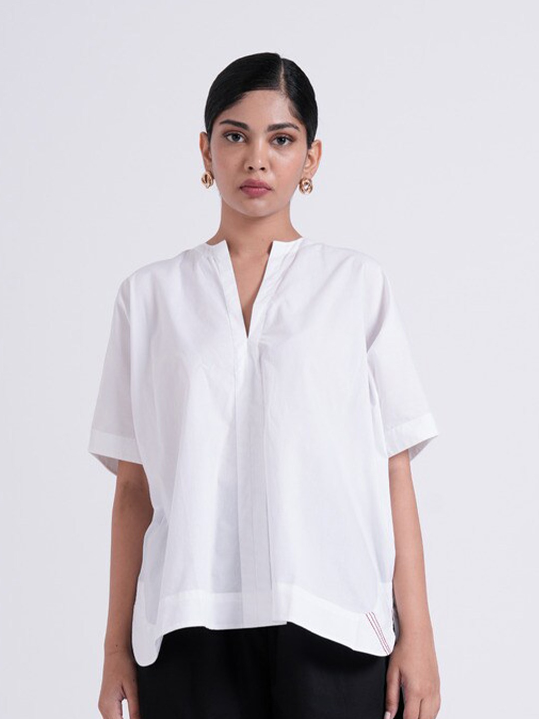 

the kaatn trail Mandarin Collar Cotton Boxy Top, White