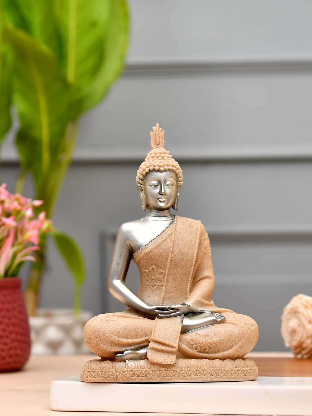 

TAYHAA Beige Textured Divine Blessing Buddha Idol Resin Showpiece