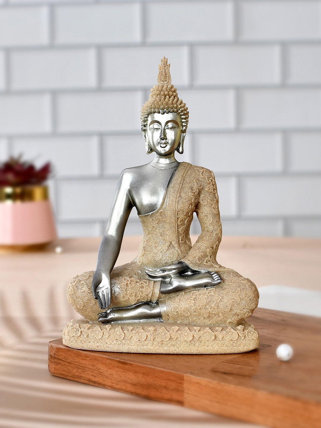 

TAYHAA Beige & Grey Textured Divine Blessing Buddha Idol Resin Showpiece