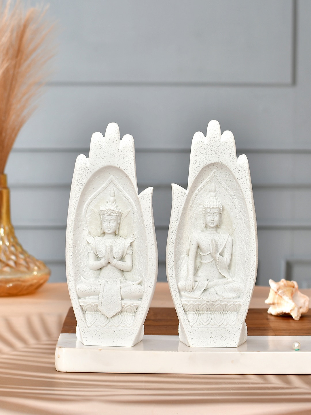 

TAYHAA White 2 Pieces Textured Palm of Hand Meditating Buddha Idol Resin Showpiece