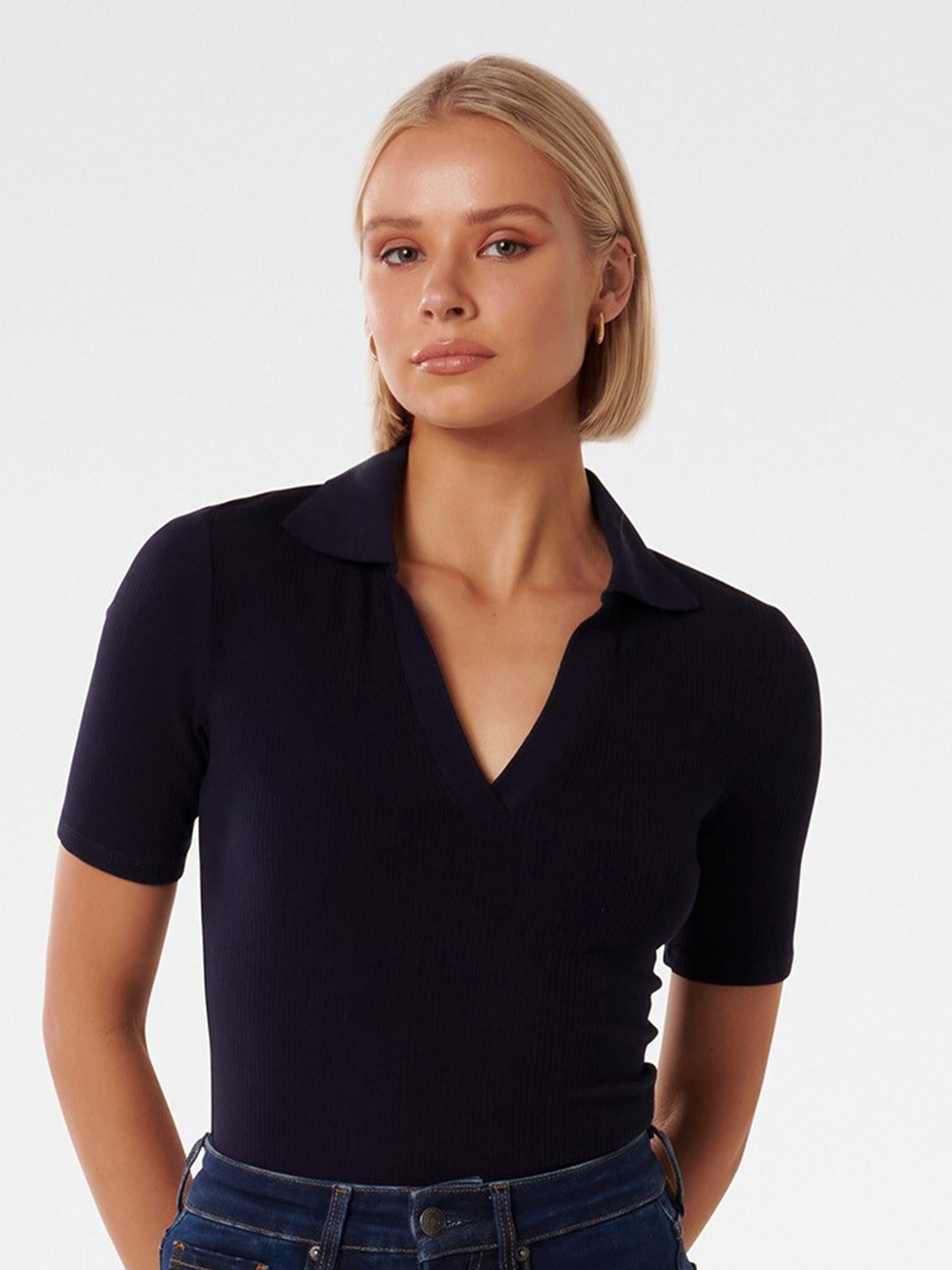 

Forever New Short Sleeves Polo Collar Fitted Top, Navy blue
