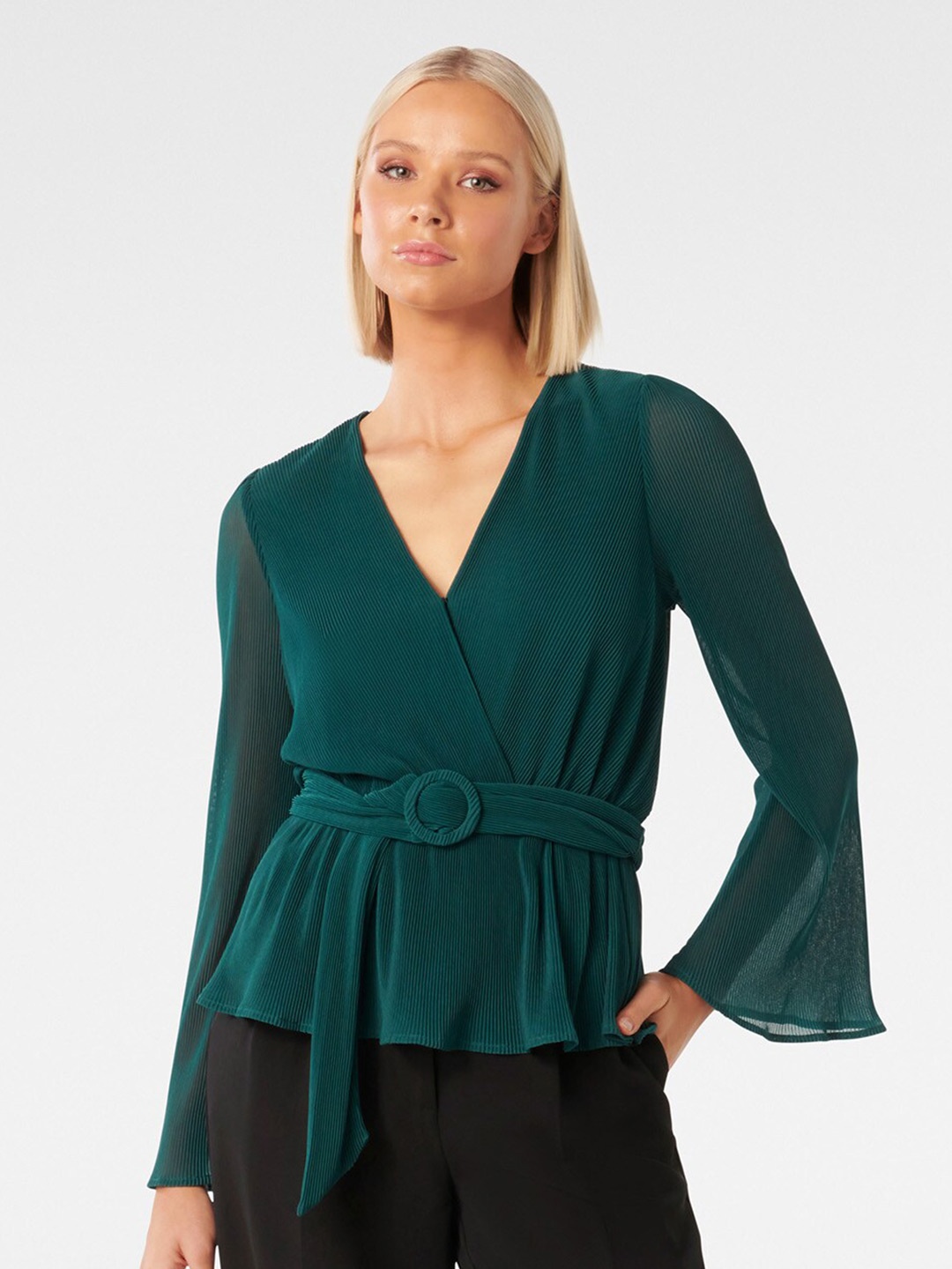 

Forever New V-Neck Bell Sleeves Belted Wrap Top, Green