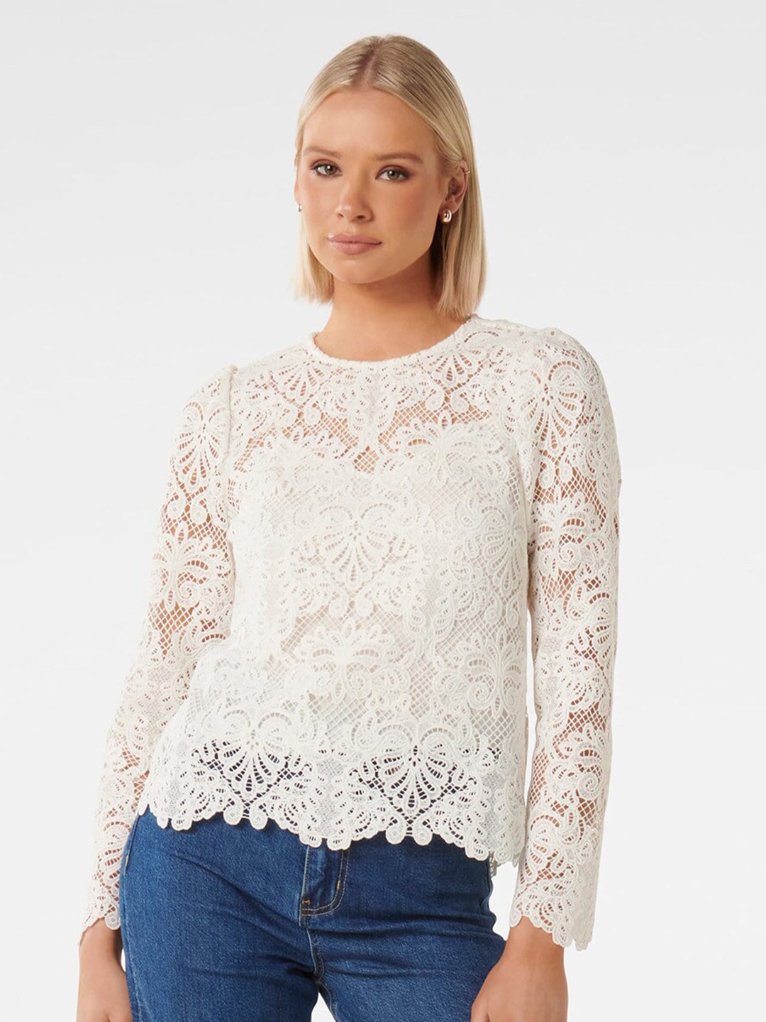 

Forever New Self Design Round Neck Lace Regular Top, White