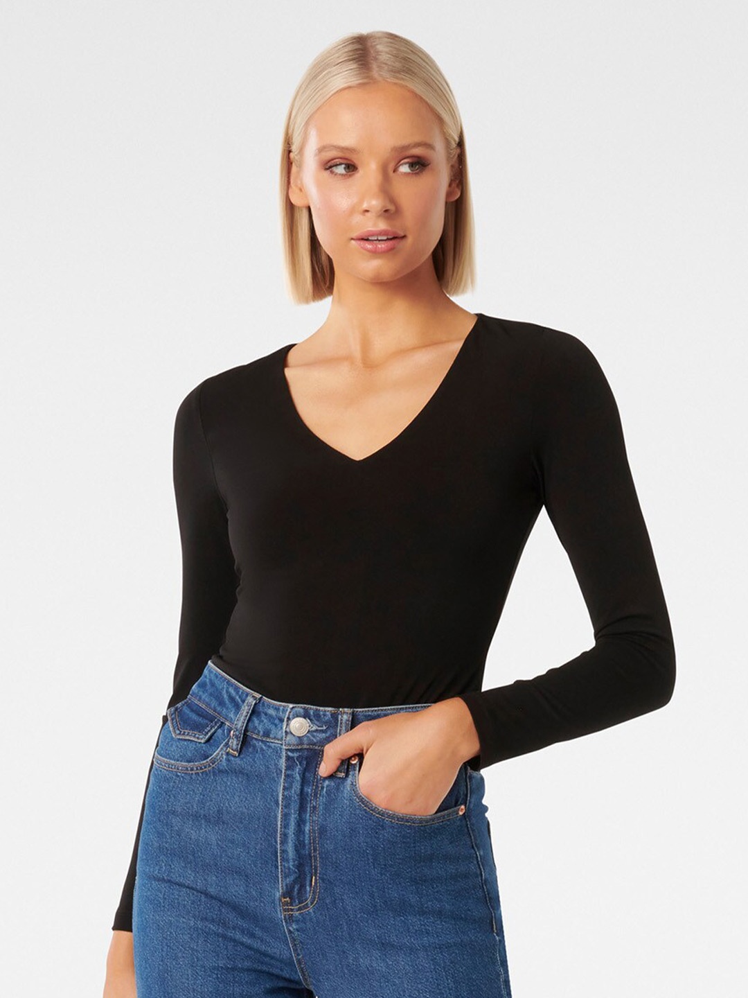 

Forever New V-Neck Long Sleeves Fitted Top, Black