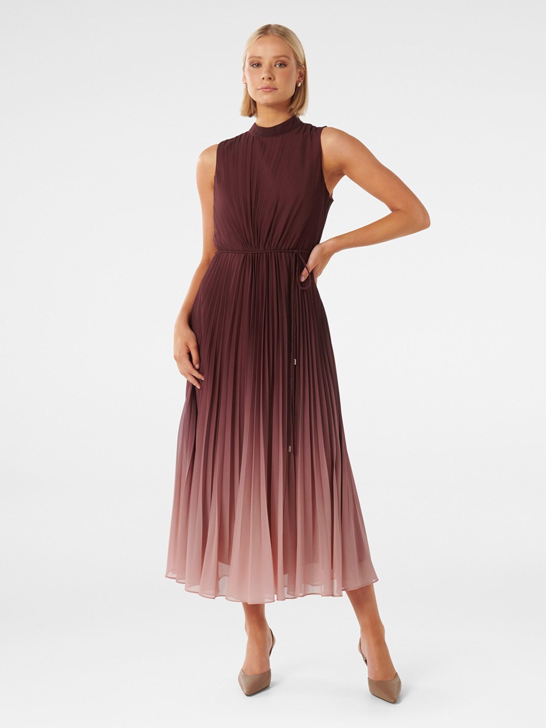 

Forever New Ombre Dyed High Neck Accordion Pleated Fit and Flare Midi Dress, Brown