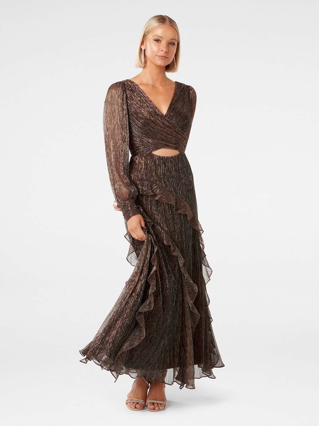 

Forever New Self Design Cut Out Ruffles Maxi Dress, Bronze