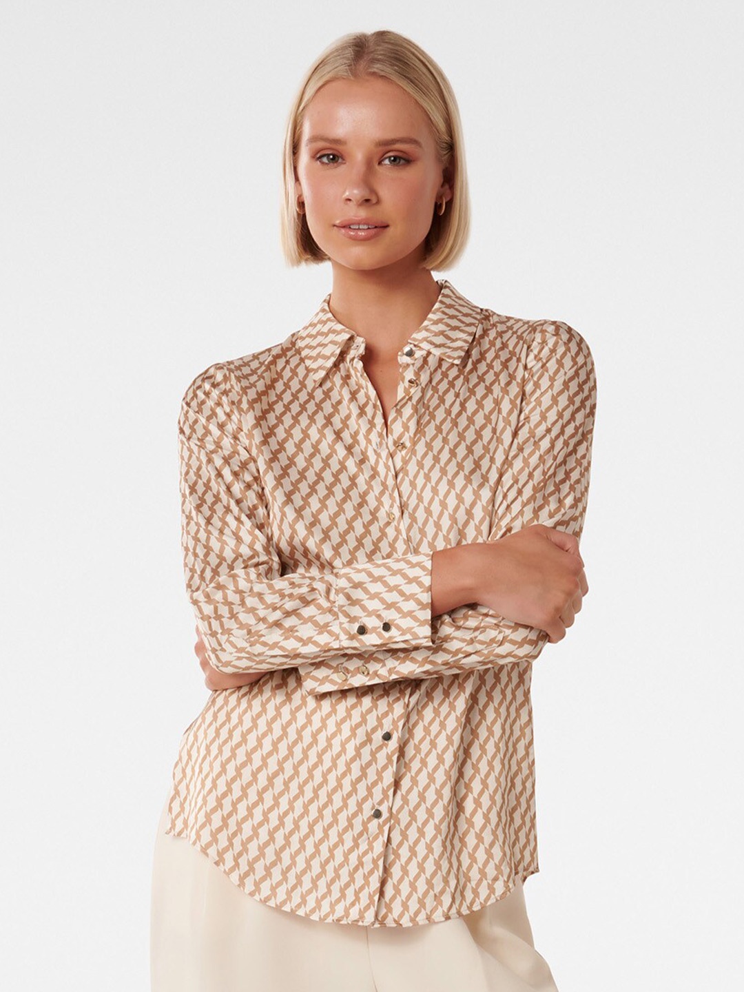 

Forever New Geometric Printed Satin Shirt, Beige