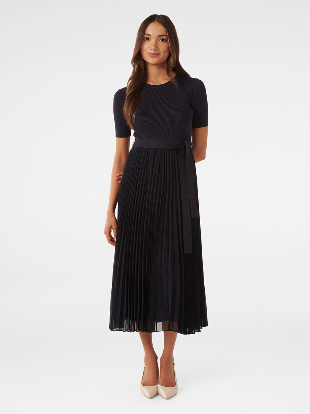 

Forever New Ribbed Fit & Flare Midi Dress, Navy blue