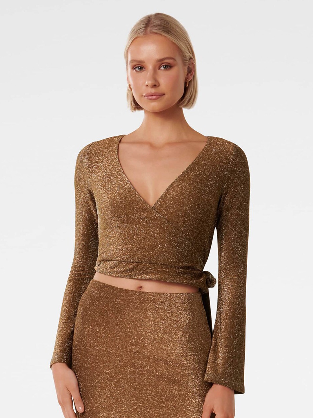 

Forever New V-Neck Glitter Waist Tie-Ups Wrap Crop Top, Bronze