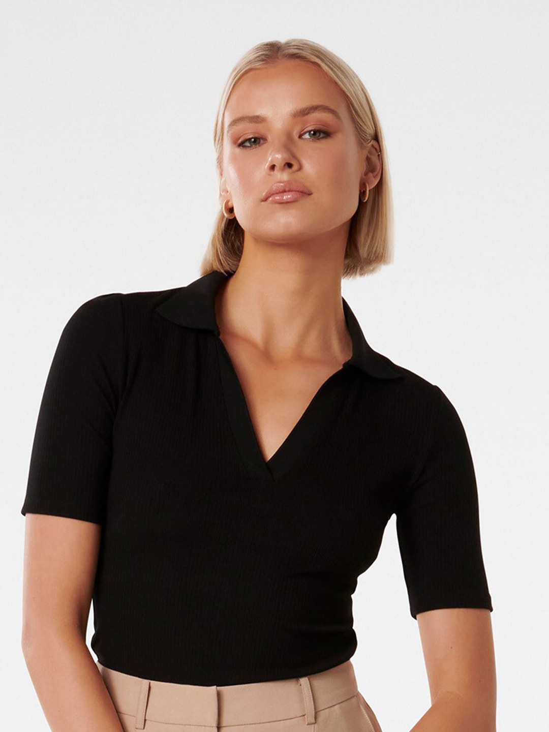 

Forever New Short Sleeves Polo Collar Fitted Top, Black