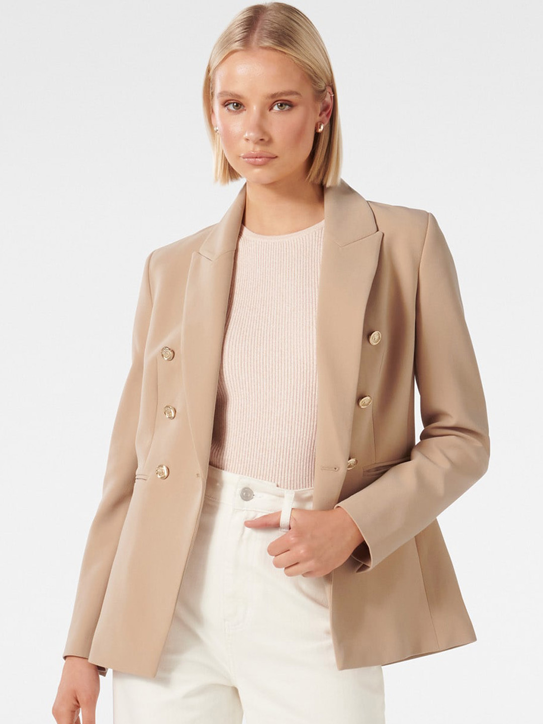 

Forever New Double Breasted Double Vent Tailored Fit Blazers, Beige