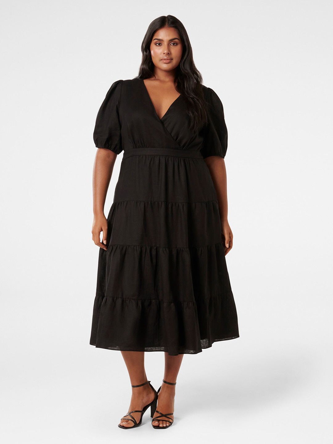 

Forever New Plus Size Puff Sleeve Linen Empire Midi Dress, Black