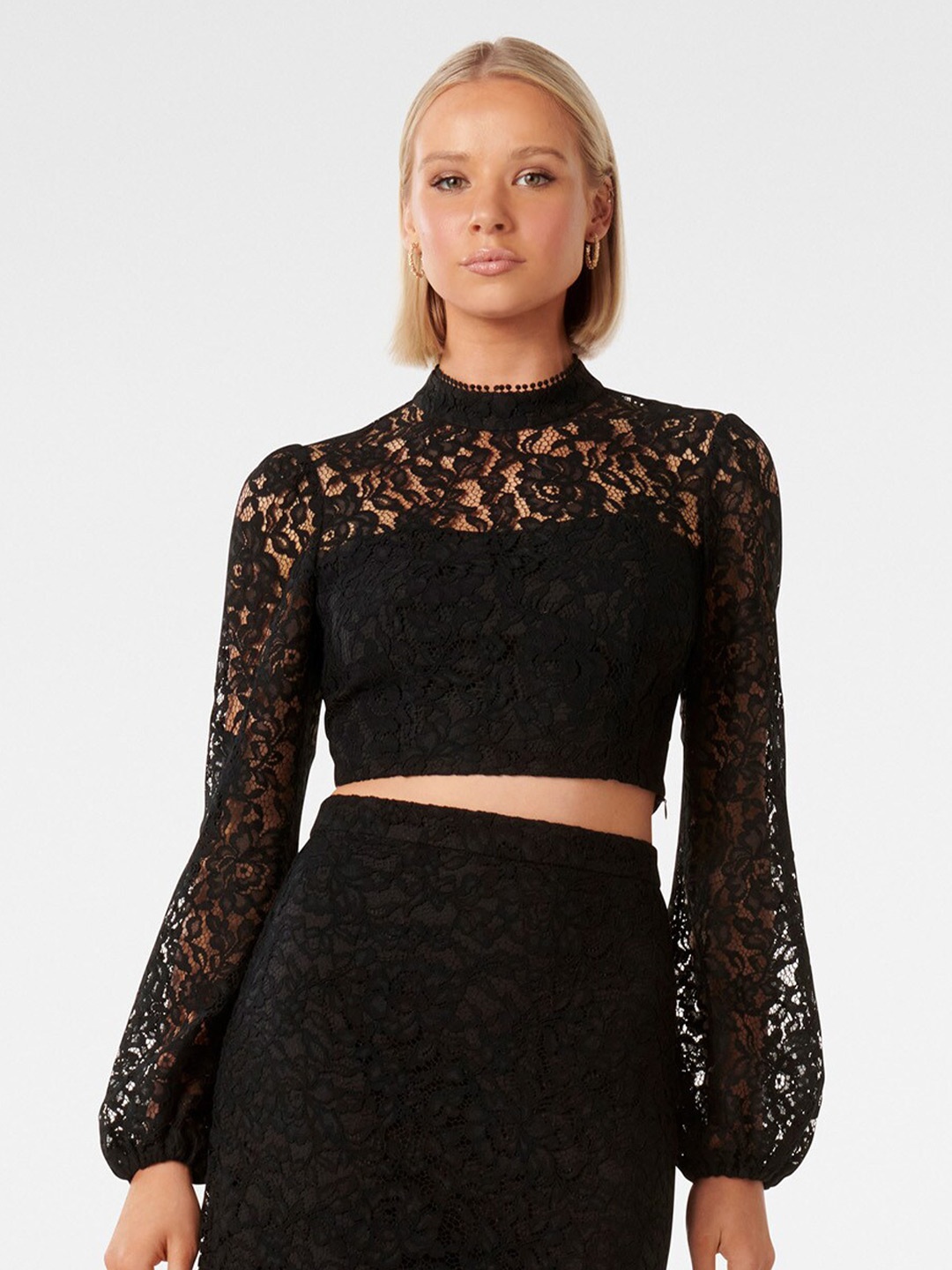 

Forever New Self Design High Neck Lace Styled Back Crop Top, Black