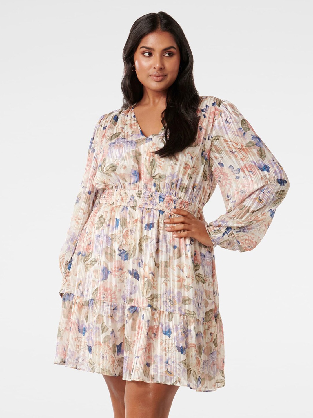 

Forever New Plus Size Floral Print Puff Sleeve Fit & Flare Dress, Off white